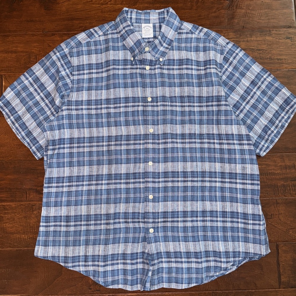 Brooks Brothers Regent Irish Linen Blue Plaid Size XXL Excellent